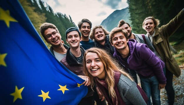 Photo un groupe de jeunes prennent un selfie en arrière-plan, le drapeau de l'union européenne agite