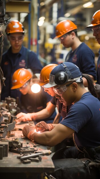 Un groupe de jeunes qui travaillent dans une usine.