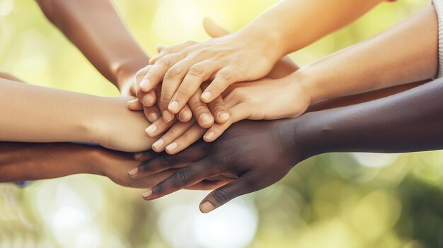 Groupe de jeunes se serrant les mains en plein air Communauté multiraciale intergénérationnelle IA générative