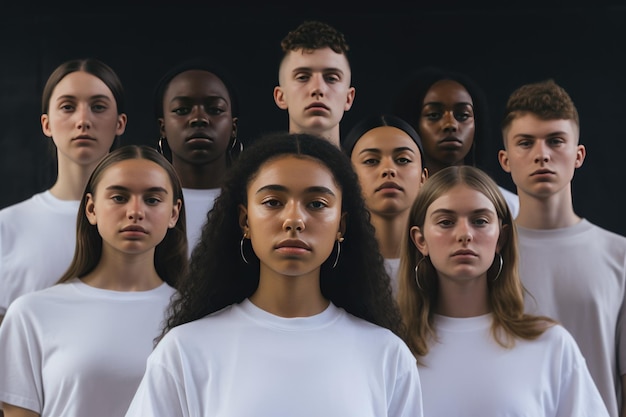 Photo un groupe de jeunes se tient debout dans un groupe, l'un d'eux portant un t-shirt blanc.