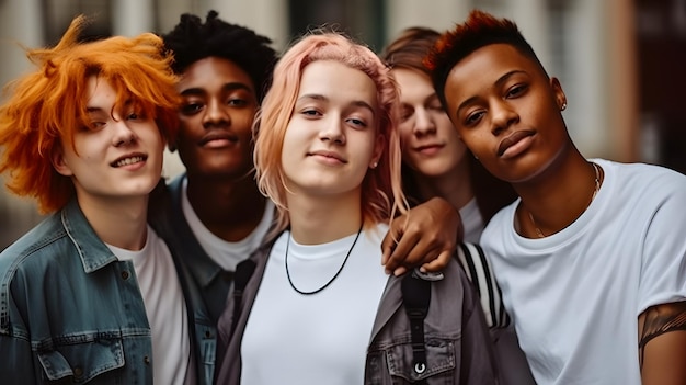 Un groupe de jeunes se tient ensemble, l'un d'eux a les cheveux roses et l'autre a une chemise blanche qui dit "je t'aime"