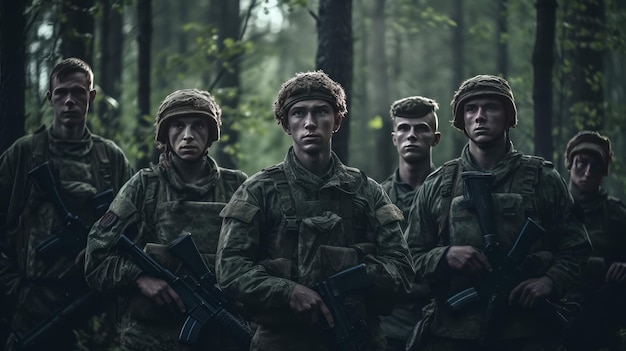 Groupe de jeunes soldats en uniforme militaire debout dans une forêt