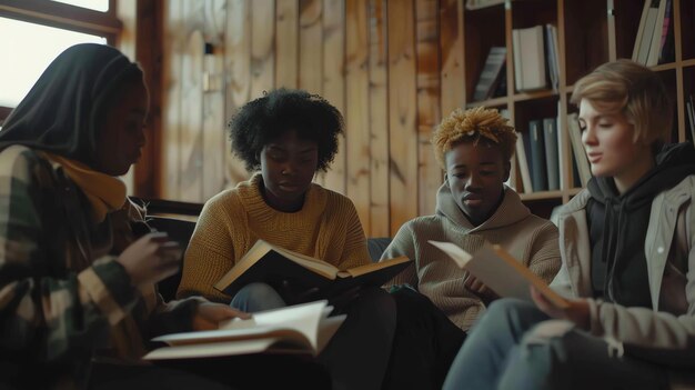 Photo un groupe de jeunes d'une variété assis sur un canapé dans un salon confortable lisant des livres et en discutant