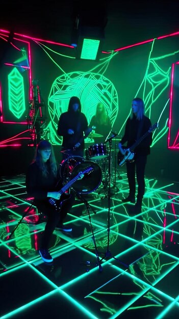 Un groupe joue sur une scène éclairée par des néons.