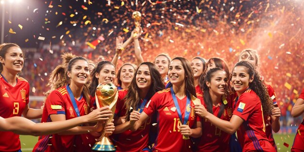 Groupe de joueuses de football espagnoles heureuses avec trophée de la coupe du monde