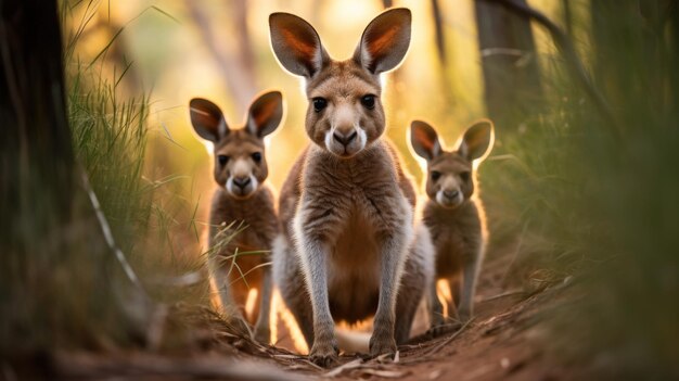 Photo un groupe de kangourous debout gracieusement dans une forêt luxuriante