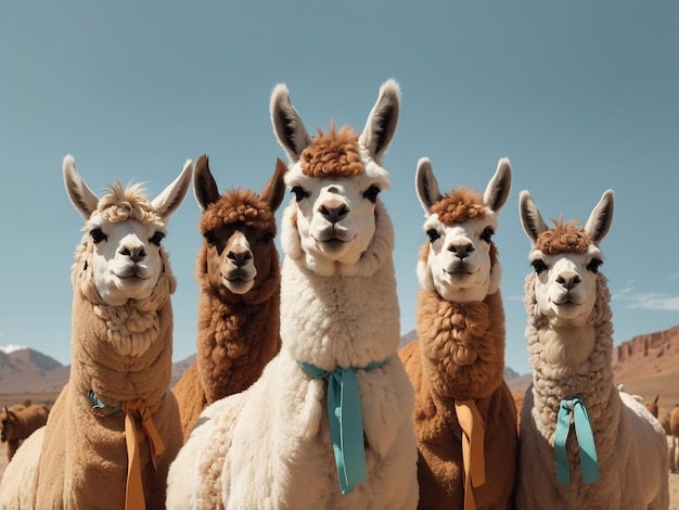 Un groupe de lamas est aligné en rangée.