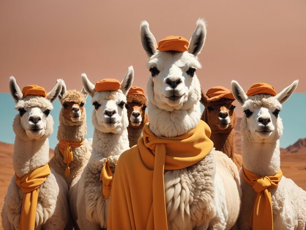 Un groupe de lamas est aligné en rangée.