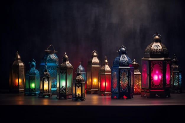 Un groupe de lanternes de couleurs différentes dont l'une dit 'ramadan générative ai