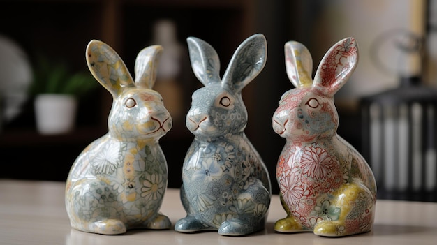 Un groupe de lapins en céramique sont sur une table.