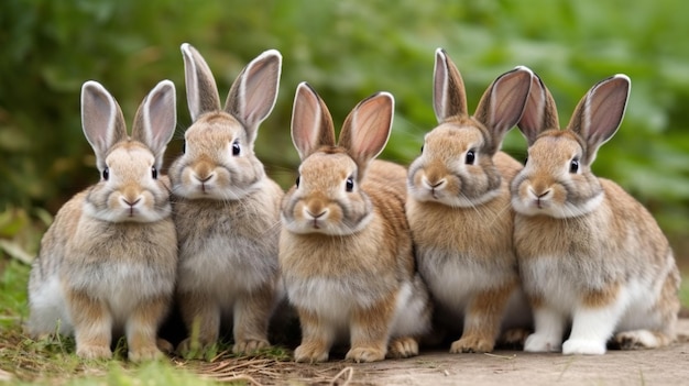 Un groupe de lapins sont alignés dans une rangée.