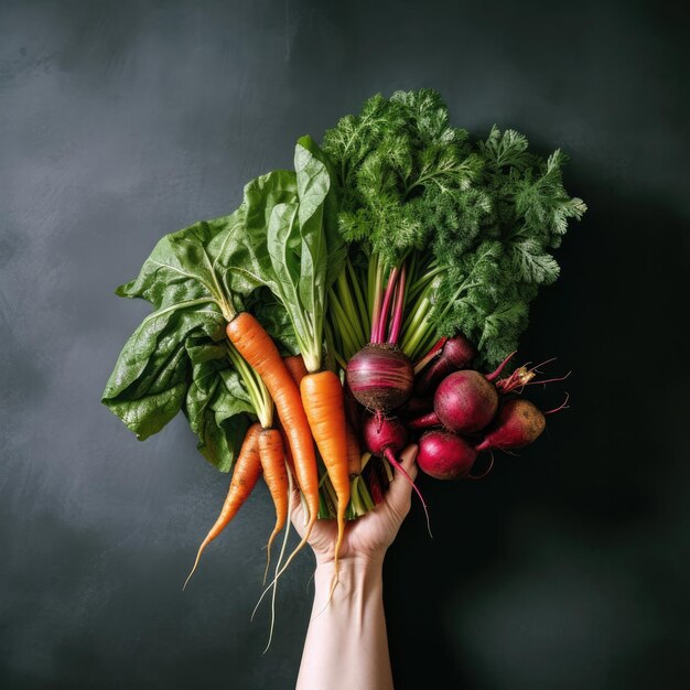 Groupe de légumes dans les mains des femmes Carottes et betteraves biologiques AI générative