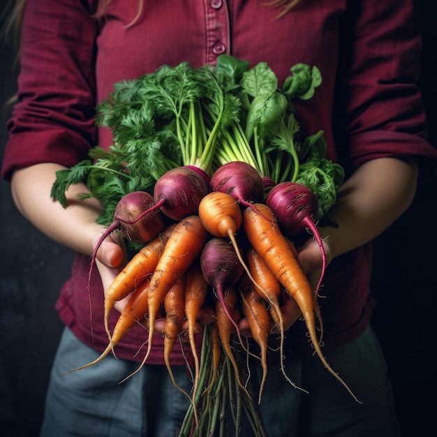 Groupe de légumes dans les mains des femmes Carottes et betteraves biologiques AI générative