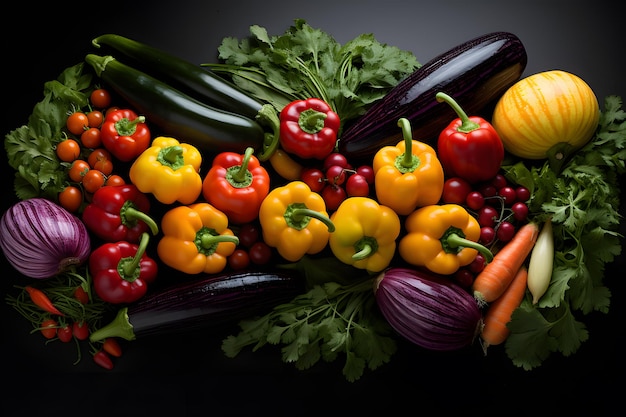 un groupe de légumes sur une surface noire