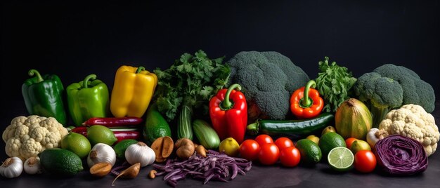 Groupe de légumes Vue de dessus avec arrangement esthétique Fond noir