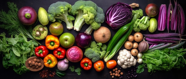 Groupe de légumes Vue de dessus avec arrangement esthétique Fond noir