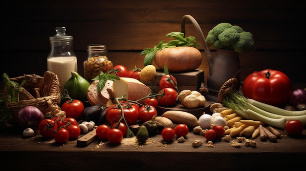 un groupe de légumes, y compris des tomates, des oignons et des herbes