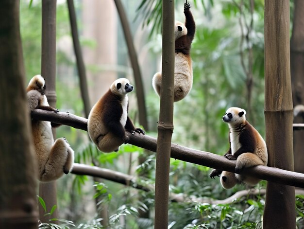 Un groupe de lémuriens est assis sur une branche et l'un d'eux se tient à une branche.