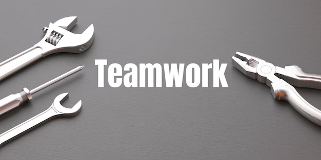 Un groupe de logo de travail d'équipe avec quatre outils différents sur fond gris.