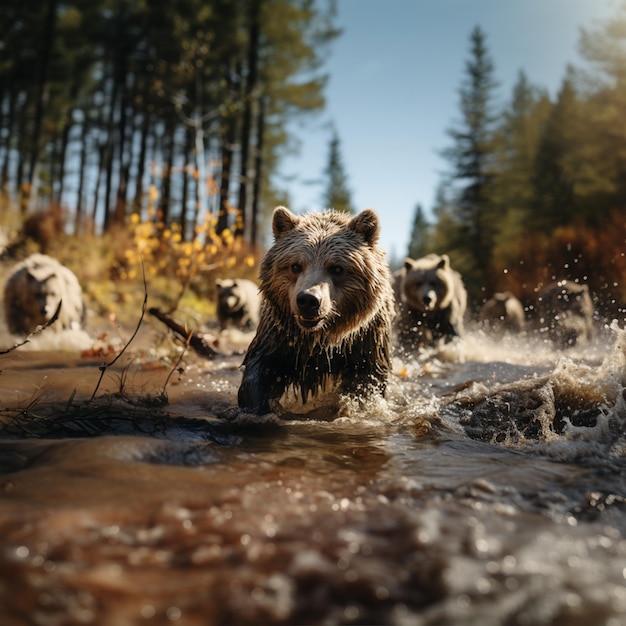 Un groupe de loups affamés et en colère dans l'eau