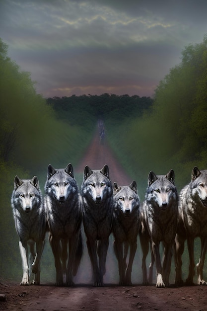 Photo un groupe de loups debout sur un chemin de terre