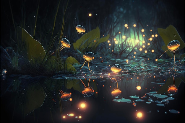 Groupe de lucioles volant au-dessus d'un plan d'eau ai génératif