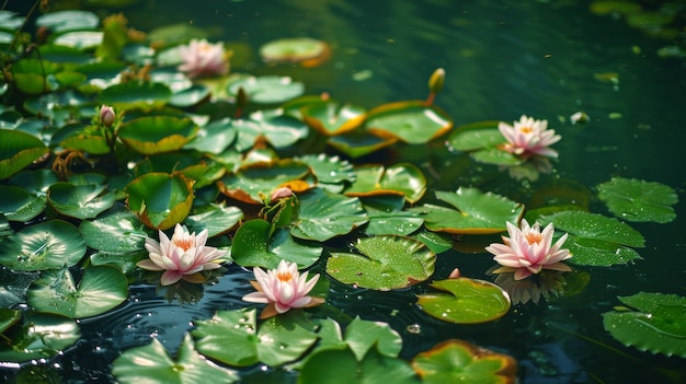 Un groupe de lys d'eau flottant au sommet d'une source d'étang