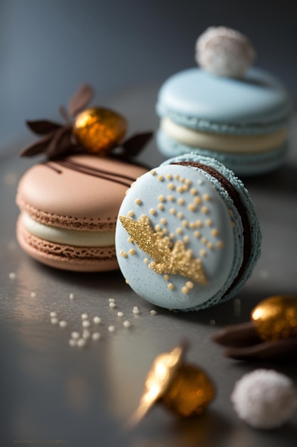 Un groupe de macarons sont sur une table avec des décorations d'or