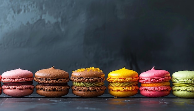 un groupe de macaroons de différentes couleurs sur un fond sombre