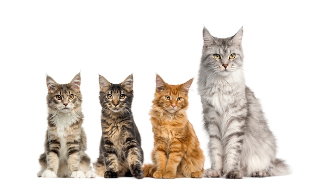 Groupe de Maine coon assis devant un fond blanc