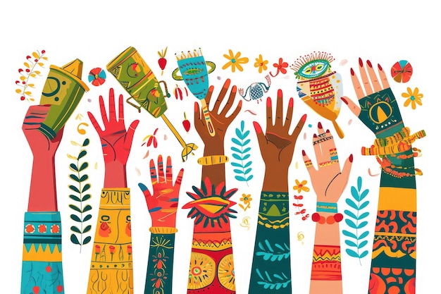 Un groupe de mains avec des dessins uniques et variés capturés dans un seul cadre Diverses mains levées en hauteur tenant divers éléments de festivals culturels générés par l'IA