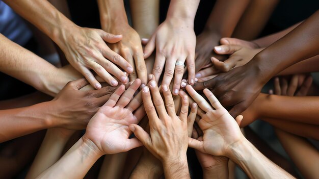 Un groupe de mains diverses de différentes teintes de peau se réunissant dans l'unité et la solidarité