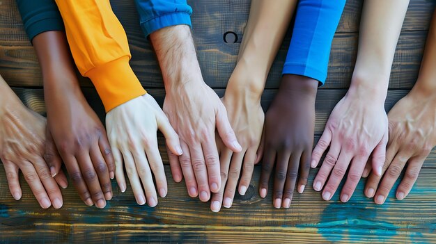 Un groupe de mains diverses se réunissant autour d'une table en bois