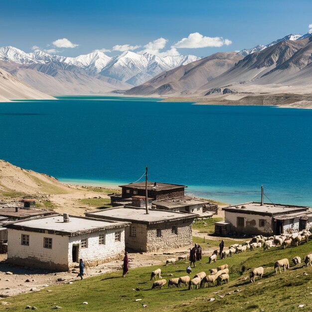 un groupe de maisons du lac Pangong du Ladakh en Inde avec un lac bleu en arrière-plan