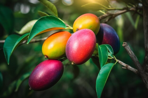 Photo un groupe de mangues colorées sur un arbre