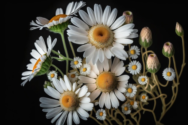 Un groupe de marguerites sont sur un fond noir