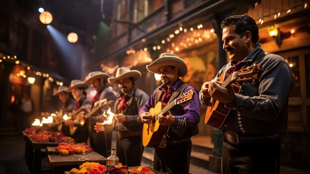 Photo un groupe de mariachi se produisant sur scène orné de papier peint