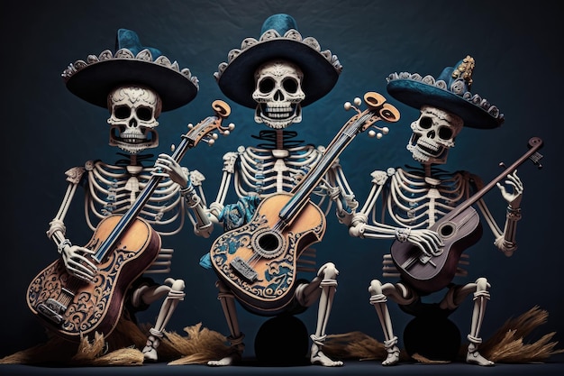 Groupe de mariachi squelette jouant de la musique entraînante pour célébrer le jour des morts