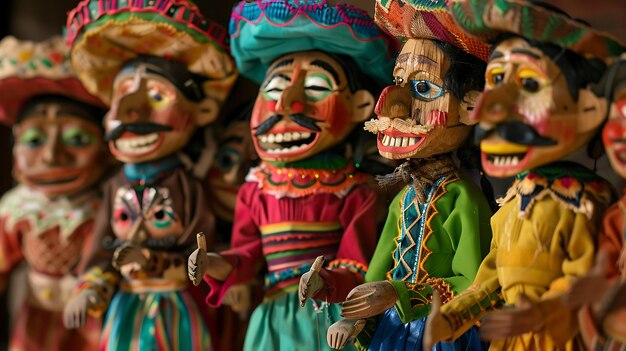 Photo un groupe de marionnettes de bois colorées et intricately sculptées portant des vêtements traditionnels mexicains et des chapeaux de paille