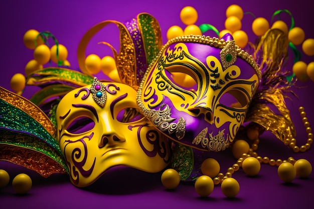 Groupe de masque vénitien mardi gras ou déguisement sur un fond lumineux coloré art généré par le réseau de neurones