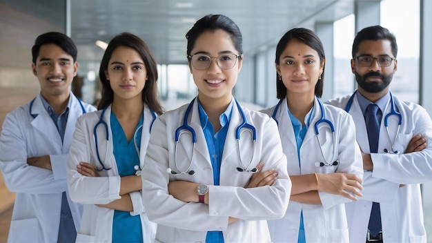 Un groupe de médecins indiens, un homme et une femme, se tiennent isolés sur un fond blanc.