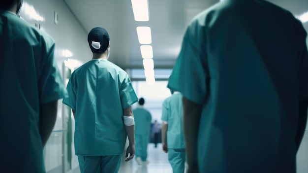 Un groupe de médecins marchant dans un couloir.