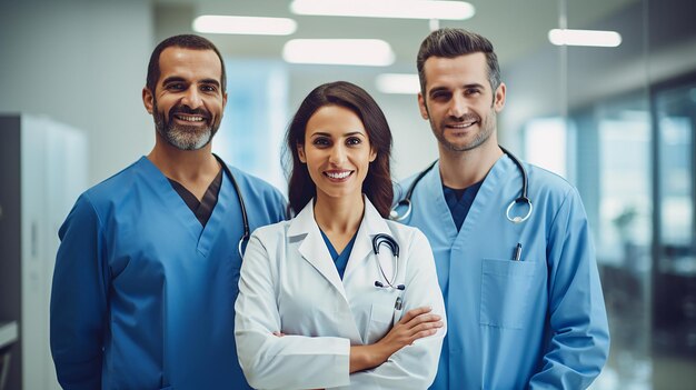 Groupe de médecins sourire fait face à un fond bleu uni clair de studio