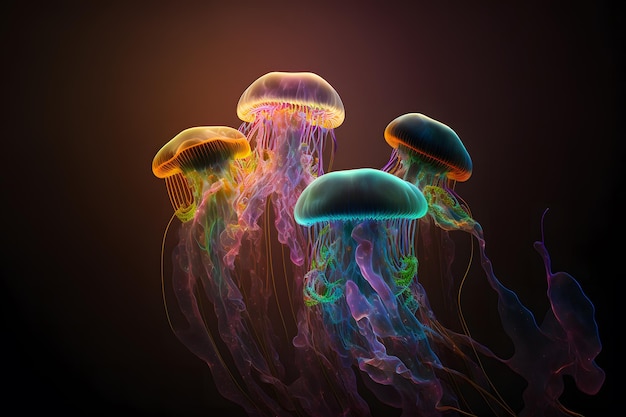 Groupe de méduses claires et lumineuses de couleur néon dans un réseau de neurones d'eau sombre profonde généré par ai