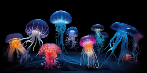 un groupe de méduses dans le noir