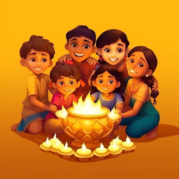 groupe mignon d'enfants allumant une lampe à huile célébration du festival illustration vectorielle de dessin animé