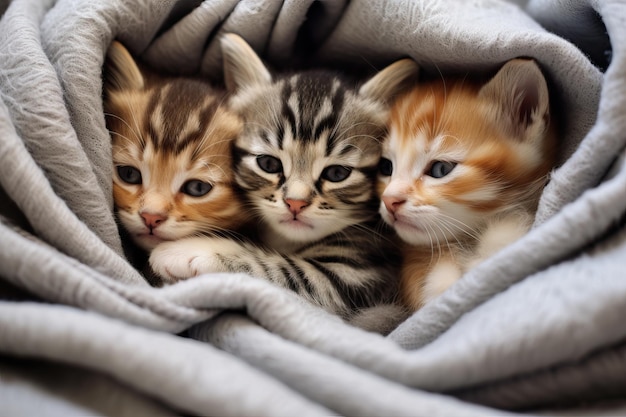 Un groupe de mignons chatons s'embrassent dans des couvertures chaudes