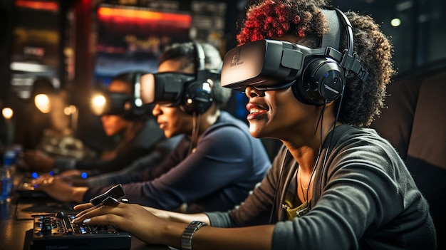 Un groupe de mixedrace dirigeant une femme noire en utilisant un casque de réalité virtuelle alors qu'elle joue à des jeux vidéo dans son salon