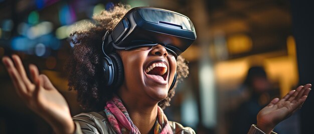 Un groupe de mixedrace dirigeant une femme noire en utilisant un casque de réalité virtuelle alors qu'elle joue à des jeux vidéo dans son salon