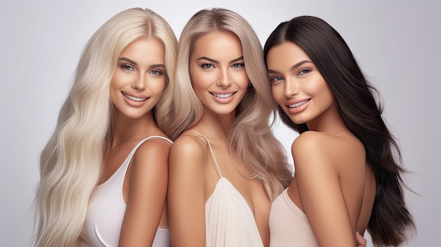 Groupe modèle de trois belles femmes souriantes aux cheveux blonds et noirs dans un studio photo lumineux